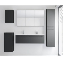 Modernes Badezimmermöbel-Set in Anthrazit mit Doppelwaschtisch, dreiteiligem Spiegelschrank, Hochschrank und zwei Seitenschränken.