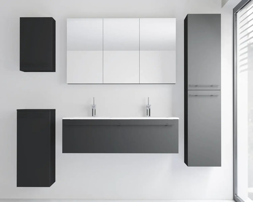 Modernes Badezimmermöbel-Set in Anthrazit mit Doppelwaschtisch, dreiteiligem Spiegelschrank, Hochschrank und zwei Seitenschränken.