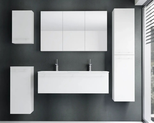 Modernes Badezimmermöbel-Set in Weiß bestehend aus Doppelwaschtisch, dreitürigem Spiegelschrank, Hochschrank und zwei Hängeschränken.