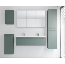 Modernes Badezimmermöbel-Set mit Doppelwaschtisch, Spiegelschrank, Hochschrank und Seitenschränken in mattem Grün.
