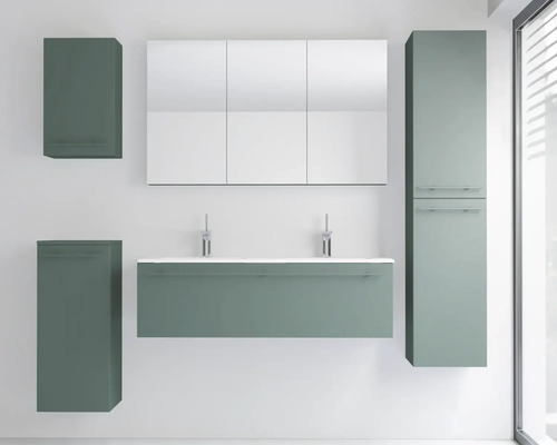 Modernes Badezimmermöbel-Set mit Doppelwaschtisch, Spiegelschrank, Hochschrank und Seitenschränken in mattem Grün.