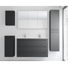 Modernes Badezimmermöbel-Set mit Doppelwaschtisch, Spiegelschrank und mehreren Beistellschränken in Dunkelgrau.