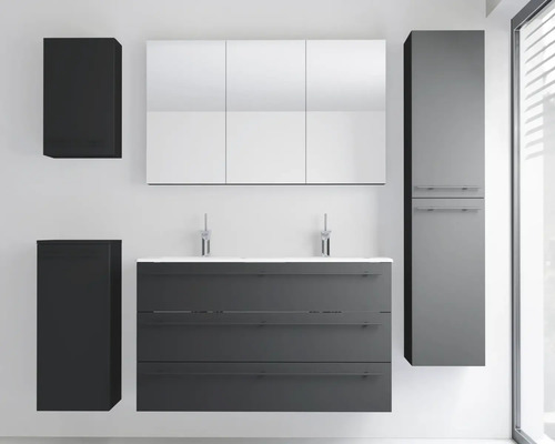 Modernes Badezimmermöbel-Set mit Doppelwaschtisch, Spiegelschrank und mehreren Beistellschränken in Dunkelgrau.