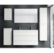 Modernes Badezimmermöbel-Set mit Doppelwaschtisch, dreitürigem Spiegelschrank, Hochschrank und zwei Seitenschränken.