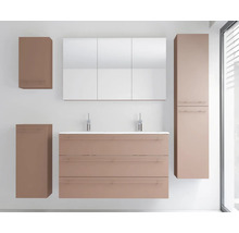Badezimmermöbel-Set mit Doppelwaschtisch, Spiegelschrank und drei wandhängenden Beistellschränken in modernem, schlichtem Design.
