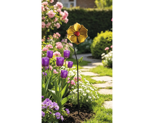 Gartenstecker aus Metall in Blumenform mit goldfarbener Blüte, rotem Zentrum und grünen Blättern in einem Blumenbeet mit Tulpen und Gänseblümchen.