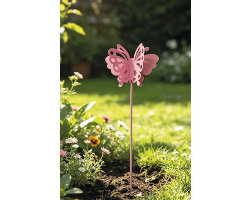 Gartenstecker Schmetterling aus Metall in Rosa, dekorativer Gartenstab für Blumenbeete.
