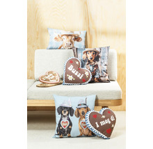 Verschiedene Dekokissen mit bayerischen Motiven wie Dackeln, Kühen und Lebkuchenherzen auf einem Sofa vor einer Holzwand.