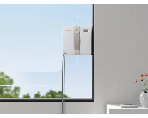 Ecovacs Fensterputzroboter reinigt eine Fensterscheibe mit grafischer Pfadführung