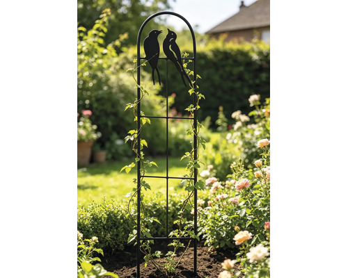 Schwarze Rankhilfe aus Metall mit Vogel-Motiven im Garten, bewachsen mit Kletterpflanzen neben Rosensträuchern.