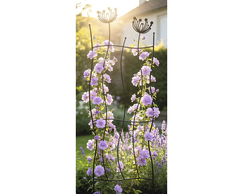 Dekoratives Rankgitter aus Metall mit Blumenmotiven an der Spitze, bewachsen mit Kletterpflanzen in einem sonnigen Garten.