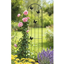 Rankhilfe aus Metall mit Schmetterlings-Motiven und Rundbogen in einem Garten mit kletternden Rosen.