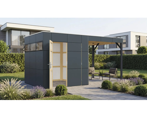 Modernes Gartenhaus mit integriertem Schleppdach und Schiebetür auf einer Terrasse in einem Garten.