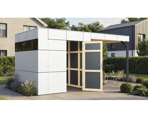 Modernes Gartenhaus mit Flachdach und integriertem Unterstand im Garten auf einer Terrasse.