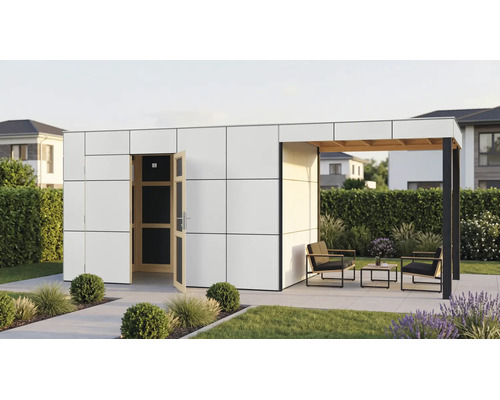 Modernes Gartenhaus mit integriertem überdachtem Sitzbereich, Flachdachkonstruktion und Gartenmöbeln auf einer Terrasse im Garten.