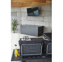 Gartenbox aus Metall in Anthrazit in modernem Loungebereich mit Steinwand, Fernseher und Gartenmöbeln.