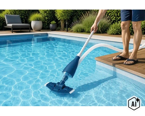 Person reinigt einen Pool mit einem manuellen Poolbodensauger am Stiel auf einer Holzterrasse im Garten. (Image AI modified or generated)