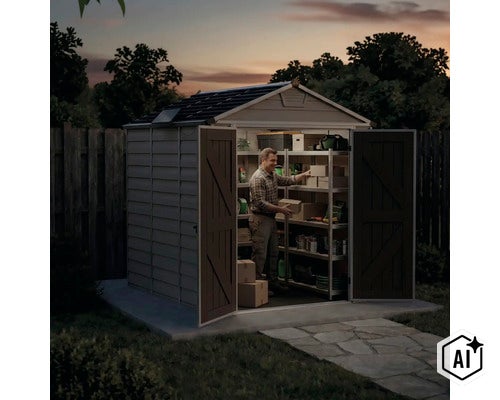 Ein Mann ordnet Kartons in einem geräumigen Kunststoff-Gartenhaus mit offenen Doppeltüren und Innenregalen während der Abenddämmerung. (Image AI modified or generated)