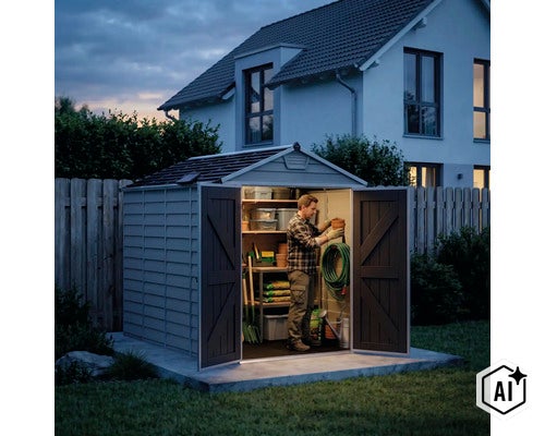 Ein Mann ordnet Töpfe in einem beleuchteten Gerätehaus im Garten vor einem Wohnhaus bei Dämmerung. (Image AI modified or generated)