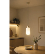 Moderne Pendelleuchte mit zylindrischem Glasschirm über einem runden Holztisch in einem minimalistisch eingerichteten Raum.