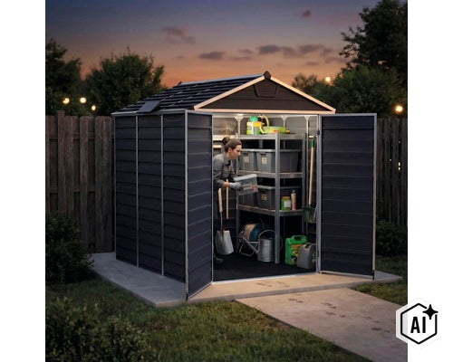Gartenhaus mit integrierter LED Beleuchtung und offener Doppeltür mit Frau die in einem organisierten Regal Ordnung schafft. (Image AI modified or generated)