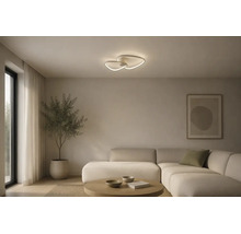 Modernes Wohnzimmer mit einer zweiflammigen LED-Deckenleuchte in Ringform. Mit hellem Ecksofa, Couchtisch und einer Zimmerpflanze.