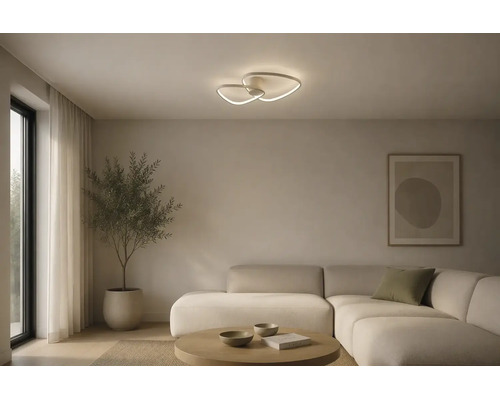 Modernes Wohnzimmer mit einer zweiflammigen LED-Deckenleuchte in Ringform. Mit hellem Ecksofa, Couchtisch und einer Zimmerpflanze.