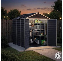 Gartenhaus mit integrierter LED Beleuchtung und offener Doppeltür mit Frau die in einem organisierten Regal Ordnung schafft. (Image AI modified or generated)