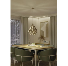 Modernes Esszimmer mit einer geometrischen Pendelleuchte über einem Holztisch mit grünen Stühlen. Der Raum wirkt hell und organisiert.