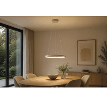 Moderne LED-Pendelleuchte in Ringform über einem ovalen Holzesstisch in einem hellen, minimalistisch eingerichteten Esszimmer.