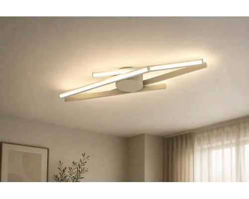 Moderne LED-Deckenleuchte mit überkreuzten Lichtleisten und minimalistischem Design für den Wohnbereich.