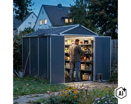 Gartenhaus mit Solardach und integrierter Beleuchtung in einem Garten, ein Mann sortiert Gegenstände in den Innenregalen. (Image AI modified or generated)