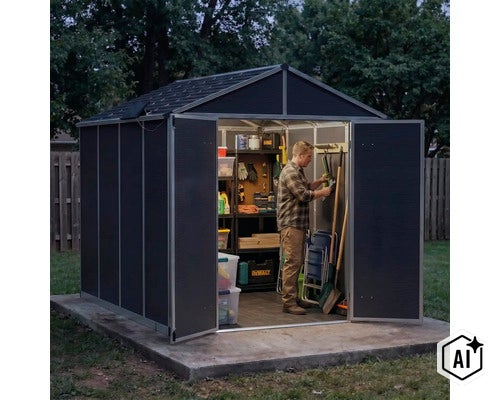 Ein Mann arbeitet in einem modernen Gartenhaus mit Doppeltür, das mit Regalen und Werkzeugen organisiert ausgestattet ist. (Image AI modified or generated)