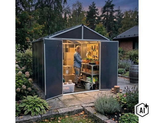 Eine Frau arbeitet in einem modernen Gartenhaus aus Kunststoff mit offener Doppeltür und Regalsystem inmitten eines grünen Gartens. (Image AI modified or generated)