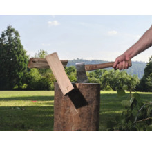 Eine Hand hält eine For Q Spaltaxt, die ein Stück Holz auf einem Baumstumpf im Freien spaltet.