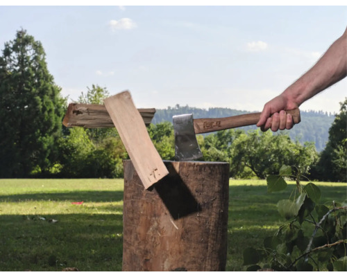 Eine Hand hält eine For Q Spaltaxt, die ein Stück Holz auf einem Baumstumpf im Freien spaltet.
