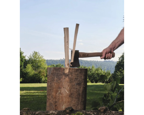 Eine Hand benutzt eine For Q Spaltaxt, um ein Stück Holz auf einem Baumstumpf im Freien zu spalten.
