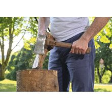 Eine Person spaltet mit einem for Q Spaltbeil Brennholz auf einem Baumstumpf im Freien.
