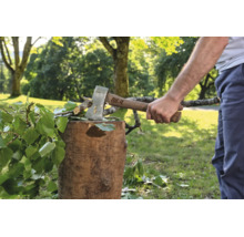 Eine Person benutzt ein for.q Beil mit Holzstiel, um einen Ast auf einem Baumstumpf im Freien zu spalten.