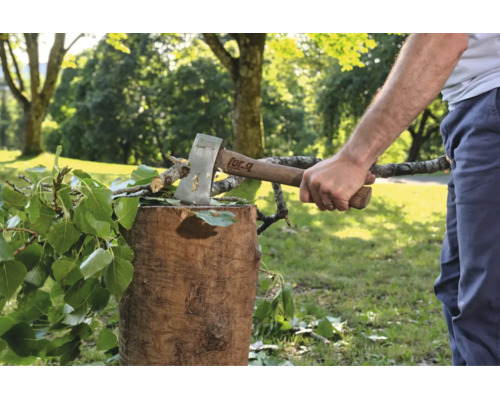Eine Person benutzt ein for.q Beil mit Holzstiel, um einen Ast auf einem Baumstumpf im Freien zu spalten.