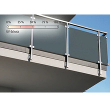 Balkongeländer mit Metallpfosten und dunklen Paneelen, UV-Schutz von circa 50 Prozent.