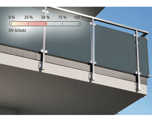 Balkongeländer mit Metallpfosten und dunklen Paneelen, UV-Schutz von circa 50 Prozent.