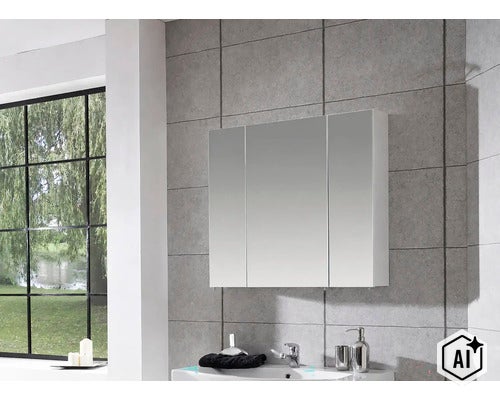 Dreitüriger Spiegelschrank im Badezimmer, montiert an einer grau gefliesten Wand über einem Waschbecken. (Image AI modified or generated)