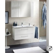 Modernes Badezimmermöbel-Set bestehend aus einem weißen wandhängenden Waschbeckenunterschrank mit zwei Schubladen und einem Spiegelschrank. (Image AI modified or generated)