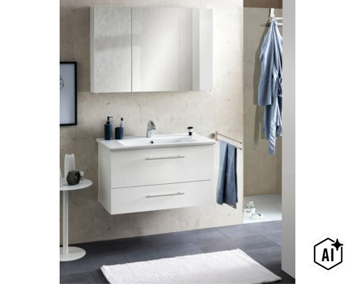 Modernes Badezimmermöbel-Set bestehend aus einem weißen wandhängenden Waschbeckenunterschrank mit zwei Schubladen und einem Spiegelschrank. (Image AI modified or generated)