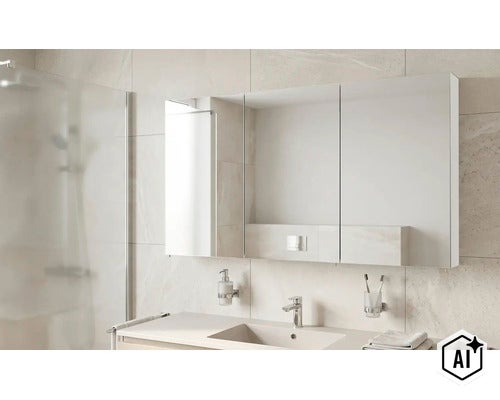 Dreitüriger Spiegelschrank über einem modernen Waschplatz im Badezimmer mit hellen Fliesen, Armatur und Glasduschwand. (Image AI modified or generated)