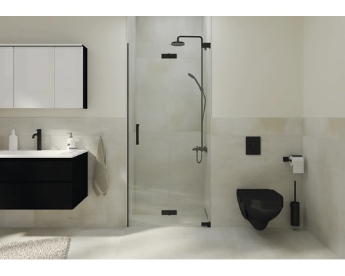 Modernes Badezimmer mit ebenerdiger Glasdusche, schwarzem Duschsystem, schwarzem Wand-WC und schwarzem Waschtischunterschrank.