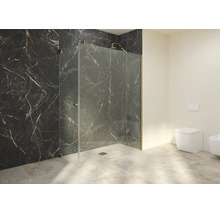 Modernes Badezimmer mit barrierefreier Walk-In-Dusche aus Glas vor einer Wand in dunkler Marmoroptik, neben einer Toilette.
