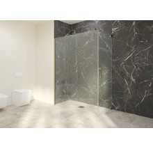 Modernes Badezimmer mit einer Duschkabine aus Glas mit goldenen Profilen, dunklen Marmorfliesen an der Wand und einem weißen WC.