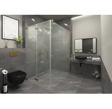 Modernes Bad mit Glas-Duschkabine mit Gold-Details, grauen Fliesen, schwarzem Wand-WC und Waschtisch mit goldener Armatur.